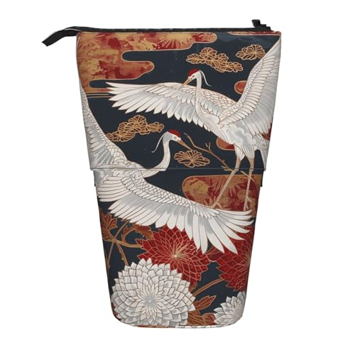 JKSEEPYN Teleskop-Federmäppchen, Stifttasche, Wildblumen-Motiv, Sonnenblumen-Drucke, niedlicher Bleistift-Organizer, tragbare Bleistifttasche für Schule, Büro, Reisen, Zwei Kraniche Chrysanthemen 1 von JKSEEPYN