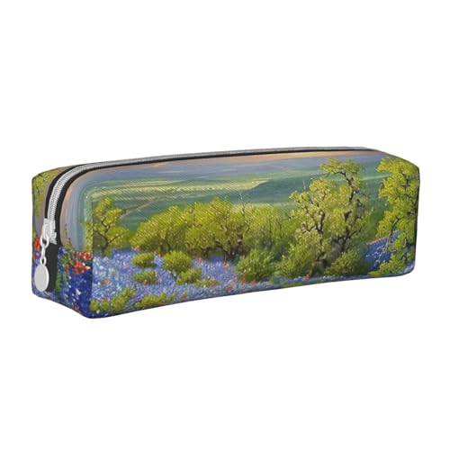 JKSEEPYN Texas Bluebonnets Federmäppchen, bedruckt, Leder, Reißverschluss, minimalistisch, ultradünn, für die Schule, weiß, Einheitsgröße, Taschen-Organizer von JKSEEPYN