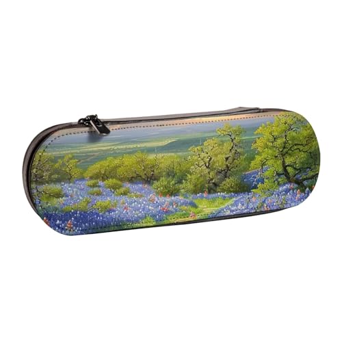 JKSEEPYN Texas Bluebonnets Federmäppchen & Make-up-Tasche mit Landschaftsmotiv, bedrucktes Hartschalenetui aus Leder, stilvoller Organizer für Schule, Büro und Reisen, Schwarz , Einheitsgröße, von JKSEEPYN
