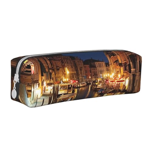 JKSEEPYN Venice Night Federmäppchen aus bedrucktem Leder, mit Reißverschluss, minimalistisch, ultradünn, für die Schule, weiß, Einheitsgröße, Taschen-Organizer von JKSEEPYN