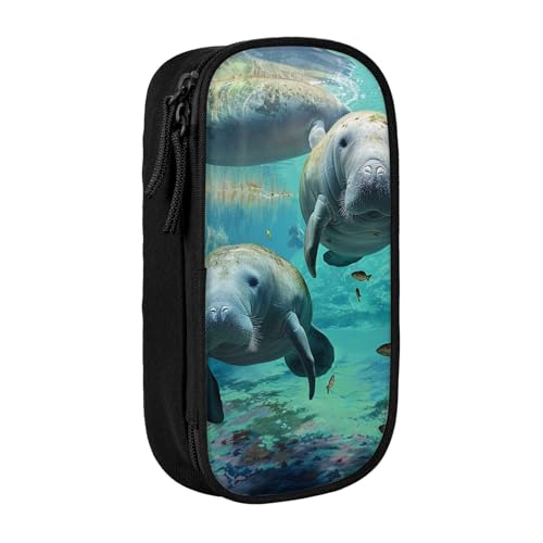 JKSEEPYN West Indian Manatees bedrucktes doppelschichtiges Federmäppchen, schwarz, großes Fassungsvermögen, niedliches Stifteetui für Schule, Büro, Reisen oder Make-up-Organizer, Schwarz , von JKSEEPYN
