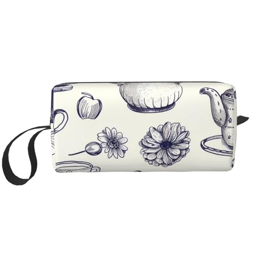Kauai Kosmetiktasche mit Hawaii-Aufdruck, Make-up-Tasche für Damen, Reise-Kulturbeutel, Zubehör, Organizer mit Griff, Reißverschluss, Handgezeichnete Teekannen und Becher, Einheitsgröße von JKSEEPYN