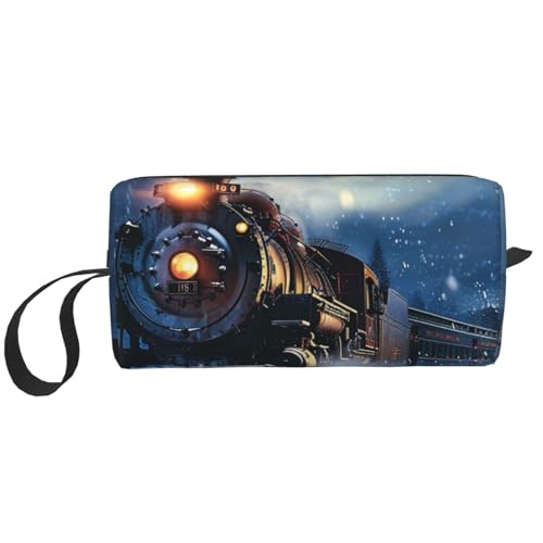 Komposition in Rot, Gelb, Blau und Schwarz, Kosmetiktasche, Make-up-Tasche für Damen, Reise-Kulturbeutel, Zubehör, Organizer mit Griff, Reißverschluss, Winter Weihnachten Schnee Nacht Eisenbahn Zug von JKSEEPYN