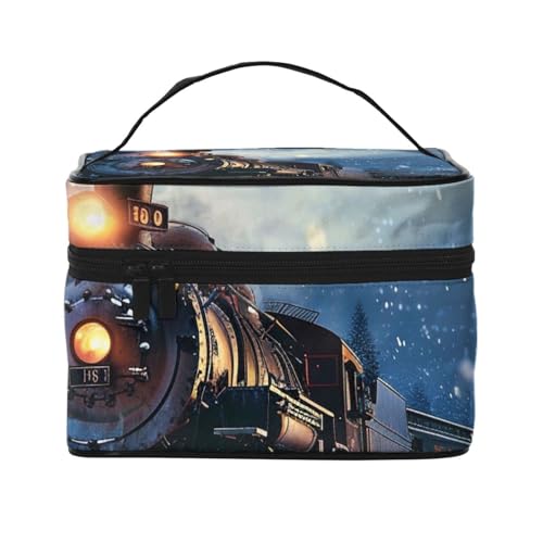 Komposition in Rot, Gelb, Blau und Schwarz, bedruckte Make-up-Tasche für Damen und Herren, Reise-Kosmetiktasche, groß, weit geöffnet, tragbar, Kulturbeutel mit Griff, Winter Weihnachten Schnee Nacht von JKSEEPYN