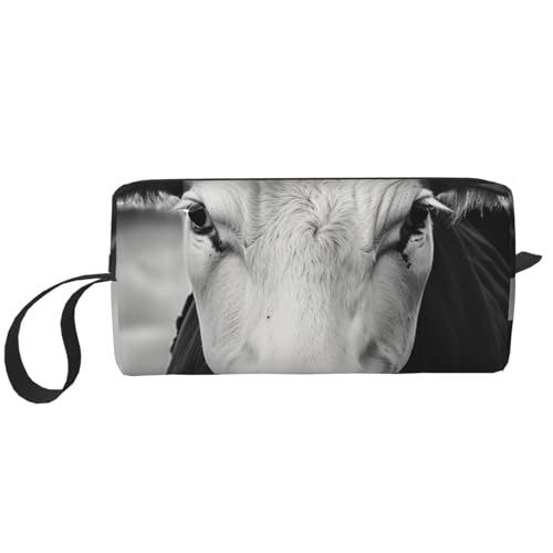 Kosmetiktasche, Make-up-Tasche für Damen, Reise-Kulturbeutel, Zubehör, Organizer mit Griff, Reißverschluss, Schwarz / Weiß / Rot, Schwarz-weiße Kuh, Einheitsgröße, Kosmetiktasche von JKSEEPYN