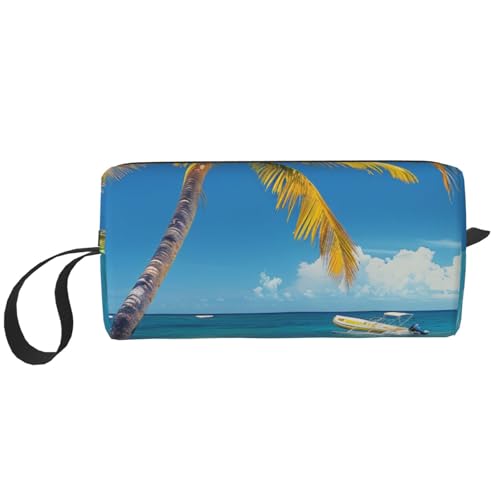 Kosmetiktasche, Make-up-Tasche für Damen, Reise-Kulturbeutel, Zubehör, Organizer mit Griff, Reißverschluss, Schwarz / Weiß / Rot, Strand Palme Stühle Boote, Einheitsgröße, Kosmetiktasche von JKSEEPYN