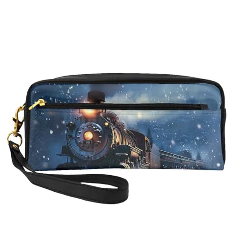 Kosmetiktasche für Damen, Motiv: Winter, Weihnachten, Schnee, Nacht, Eisenbahn, Zug, bedruckt, stilvolle und tragbare Leder-Make-up-Tasche, niedliches Geschenk, Reise-Kulturbeutel mit Reißverschluss, von JKSEEPYN