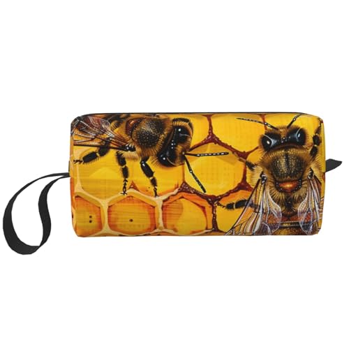 Kosmetiktasche mit Bierblasendruck, Make-up-Tasche für Damen, Reise-Kulturbeutel, Zubehör, Organizer mit Griff, Reißverschluss, Biene auf Wabenwaben, Einheitsgröße, Kosmetiktasche von JKSEEPYN