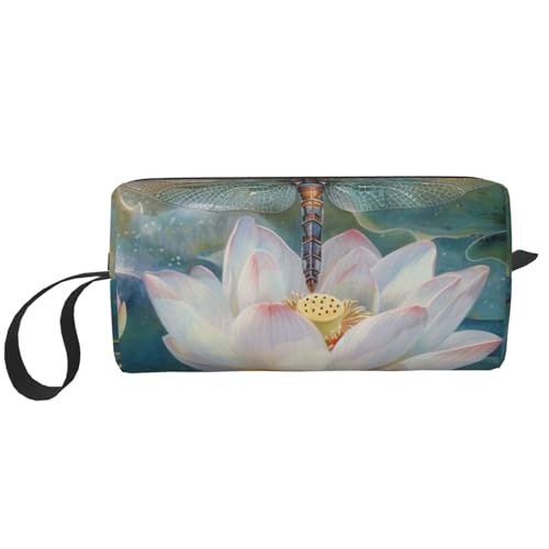 Kosmetiktasche mit Glühwürmchen und Laternenaufdruck, Make-up-Tasche für Damen, Reise-Kulturbeutel, Zubehör, Organizer mit Griff, Reißverschluss, Libelle Lotus, Einheitsgröße, Kosmetiktasche von JKSEEPYN
