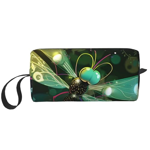 Kosmetiktasche mit Glühwürmchen und Laternenaufdruck, Make-up-Tasche für Damen, Reise-Kulturbeutel, Zubehör, Organizer mit Griff, Reißverschluss, Niedliche Libelle, Einheitsgröße, Kosmetiktasche von JKSEEPYN