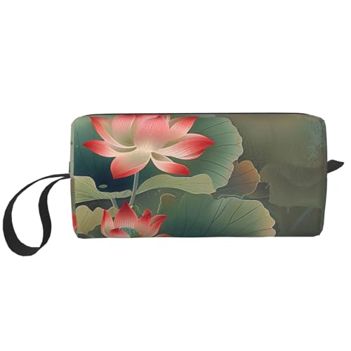 Kosmetiktasche mit Meerjungfrauen-Drucken, Make-up-Tasche für Damen, Reise-Kulturbeutel, Zubehör, Organizer mit Griff, Reißverschluss, Lotusblume und Libelle, Einheitsgröße, Kosmetiktasche von JKSEEPYN