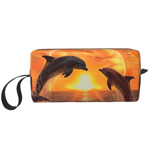 Kosmetiktasche mit Sonnenblumen-Motiv, Make-up-Tasche für Damen, Reise-Kulturbeutel, Zubehör, Organizer mit Griff, Reißverschluss, Sonnenuntergang Delfine, Einheitsgröße, Kosmetiktasche von JKSEEPYN