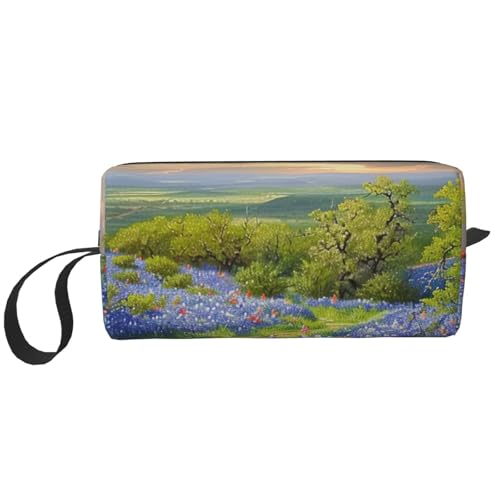 Kosmetiktasche mit Sonnenblumen-Motiv, Make-up-Tasche für Damen, Reise-Kulturbeutel, Zubehör, Organizer mit Griff, Reißverschluss, Texas Bluebonnets Landschaft, Einheitsgröße, Kosmetiktasche von JKSEEPYN