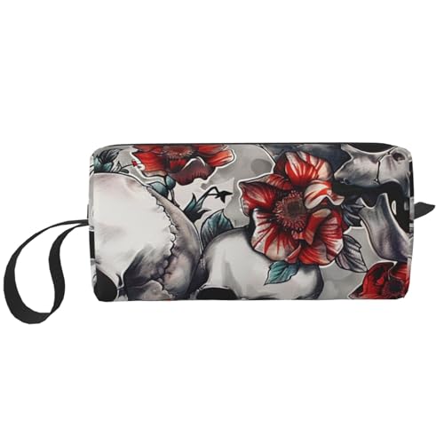 Kosmetiktasche mit Sonnenblumen-Motiv, Make-up-Tasche für Damen, Reise-Kulturbeutel, Zubehör, Organizer mit Griff, Reißverschluss, Totenkopf und Blume, Einheitsgröße, Kosmetiktasche von JKSEEPYN