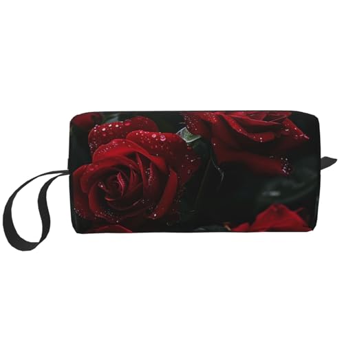 Kosmetiktasche mit Totenkopf-Motiv, für Damen, Reise-Kulturbeutel, Zubehör, Organizer mit Griff, Reißverschluss, Rote Rosen, Einheitsgröße, Kosmetiktasche von JKSEEPYN