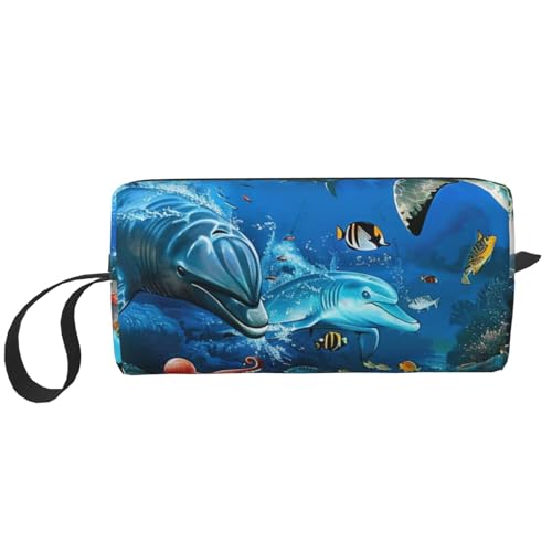 Kosmetiktasche mit amerikanischer Flagge, Motiv: Feuerwerk, Motiv: 4. Juli, Make-up-Tasche für Damen, Reise-Kulturbeutel, Zubehör, Organizer mit Griff, Reißverschluss, Delfine Meeresschildkröte von JKSEEPYN