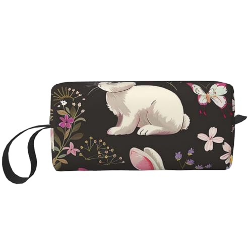 Kosmetiktasche mit amerikanischer Flagge, Motiv: Feuerwerk, Motiv: 4. Juli, Make-up-Tasche für Damen, Reise-Kulturbeutel, Zubehör, Organizer mit Griff, Reißverschluss, Festival Bunny Floral von JKSEEPYN