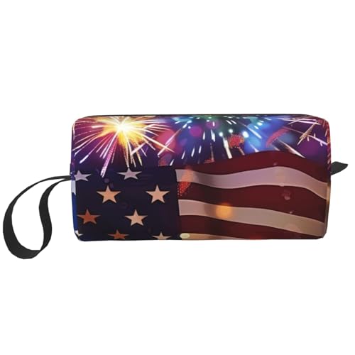 Kosmetiktasche mit amerikanischer Flagge, Motiv: Feuerwerk, Motiv: 4. Juli, Make-up-Tasche für Damen, Reise-Kulturbeutel, Zubehör, Organizer mit Griff, Reißverschluss, Feuerwerk Amerikanische Flagge 4 von JKSEEPYN
