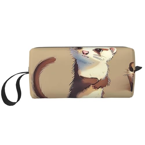 Kosmetiktasche mit amerikanischer Flagge, Motiv: Feuerwerk, Motiv: 4. Juli, Make-up-Tasche für Damen, Reise-Kulturbeutel, Zubehör, Organizer mit Griff, Reißverschluss, Niedliches haariges Frettchen von JKSEEPYN