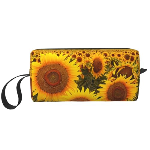 Kosmetiktasche mit amerikanischer Flagge, Motiv: Feuerwerk, Motiv: 4. Juli, Make-up-Tasche für Damen, Reise-Kulturbeutel, Zubehör, Organizer mit Griff, Reißverschluss, Sonnenblumen, Einheitsgröße von JKSEEPYN