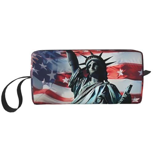Kosmetiktasche mit gestreiftem Rosen- und Leopardenmuster, Make-up-Tasche für Damen, Reise-Kulturbeutel, Zubehör, Organizer mit Griff, Reißverschluss, Freiheitsstatue Flagge, Einheitsgröße von JKSEEPYN