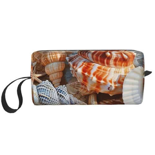 Kosmetiktasche mit gestreiftem Rosen- und Leopardenmuster, Make-up-Tasche für Damen, Reise-Kulturbeutel, Zubehör, Organizer mit Griff, Reißverschluss, Muschel-Landschaft am Strand, Einheitsgröße von JKSEEPYN