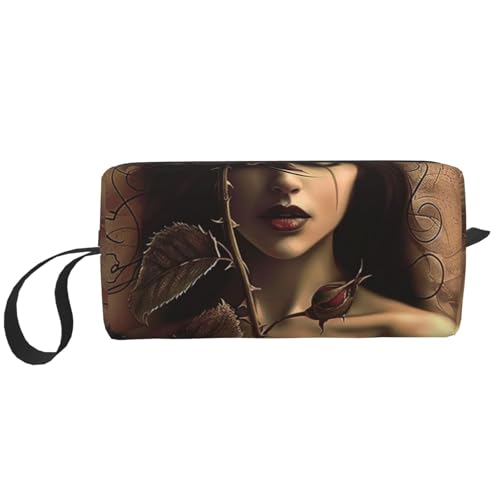 Kosmetiktasche mit haarigem Frettchen-Aufdruck, Make-up-Tasche für Damen, Reise-Kulturbeutel, Zubehör, Organizer mit Griff, Reißverschluss, Gothic-Rosenmädchen, Einheitsgröße, Kosmetiktasche von JKSEEPYN