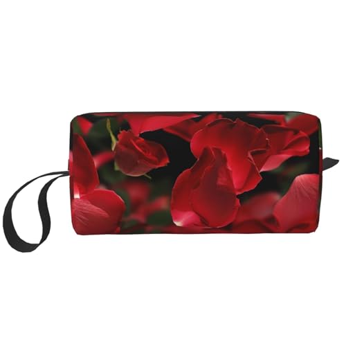 Kosmetiktasche mit haarigem Frettchen-Aufdruck, Make-up-Tasche für Damen, Reise-Kulturbeutel, Zubehör, Organizer mit Griff, Reißverschluss, Schwimmende rote Rosenblätter, Einheitsgröße, Kosmetiktasche von JKSEEPYN