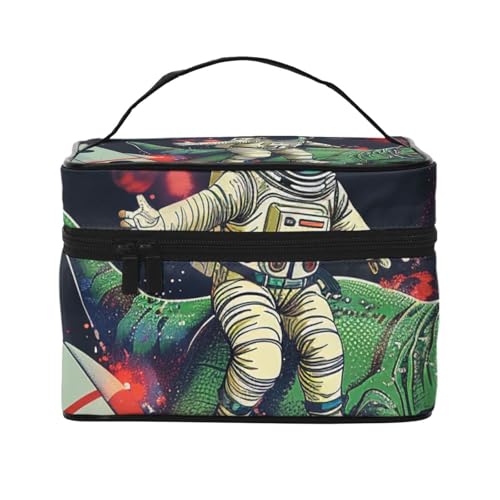Kosmetiktasche mit lustigem Astronauten-Dinosaurier-Raketen-Druck, Reise-Kosmetiktasche für Damen, Kosmetik-Aufbewahrungstasche, Reißverschluss, Kulturbeutel, Organizer mit Griff, Schwarz , von JKSEEPYN