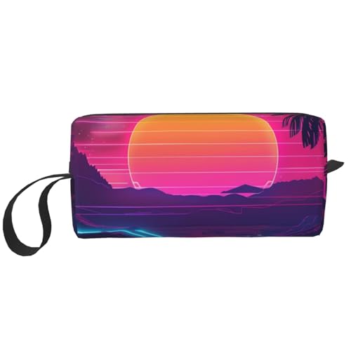 Kosmetiktasche mit tropischem Strandpflanzen-Motiv, Make-up-Tasche für Damen, Reise-Kulturbeutel, Zubehör, Organizer mit Griff, Reißverschluss, Retrowave-Bilder, Einheitsgröße, Kosmetiktasche von JKSEEPYN