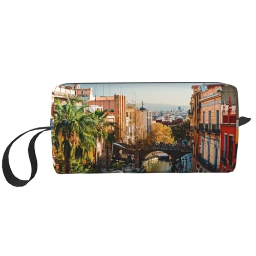 Kosmetiktasche mit tropischem Strandpflanzen-Motiv, Make-up-Tasche für Damen, Reise-Kulturbeutel, Zubehör, Organizer mit Griff, Reißverschluss, Spanien Water City, Einheitsgröße, Kosmetiktasche von JKSEEPYN