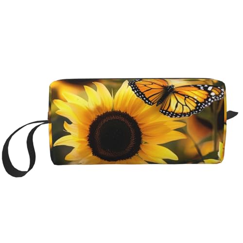 Kosmetiktasche mit violettem Glitzer-Druck, Kosmetiktasche für Damen, Reise-Kulturbeutel, Zubehör, Organizer mit Griff, Reißverschluss, Sonnenblume, blühende Blumen, Pflanzen, Schmetterling von JKSEEPYN