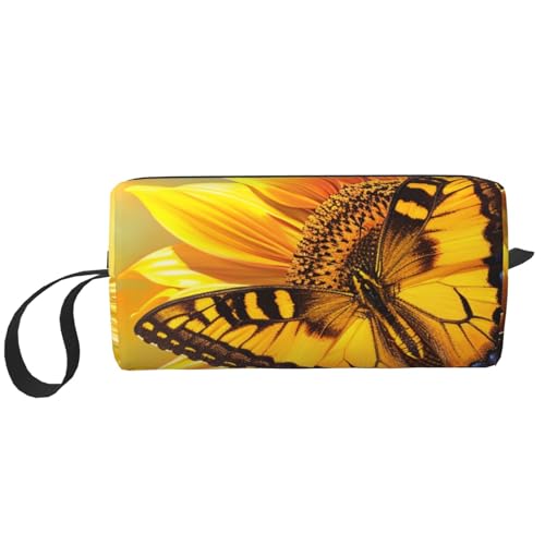 Kosmetiktasche mit violettem Glitzer-Druck, Kosmetiktasche für Damen, Reise-Kulturbeutel, Zubehör, Organizer mit Griff, Reißverschluss, Sonnenblume Schmetterling Sonne, Einheitsgröße, Kosmetiktasche von JKSEEPYN