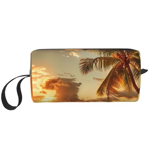 Kosmetiktasche mit violettem Glitzer-Druck, Kosmetiktasche für Damen, Reise-Kulturbeutel, Zubehör, Organizer mit Griff, Reißverschluss, Sonnenuntergang Hawaii Palme, Einheitsgröße, Kosmetiktasche von JKSEEPYN