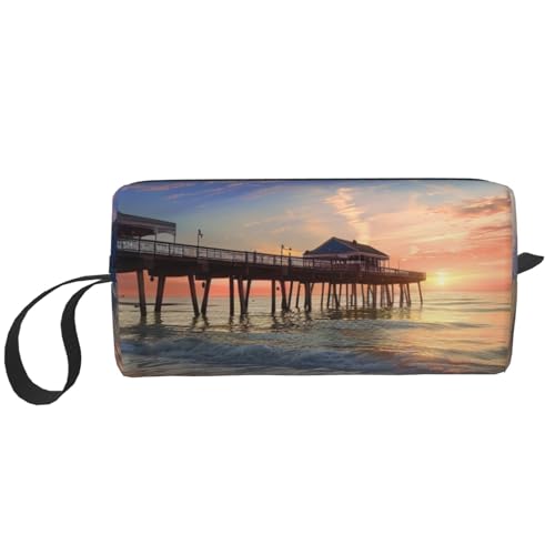 Kosmetiktasche mit violettem Glitzer-Druck, Kosmetiktasche für Damen, Reise-Kulturbeutel, Zubehör, Organizer mit Griff, Reißverschluss, Sonnenuntergang an der Strandbrücke, Einheitsgröße von JKSEEPYN