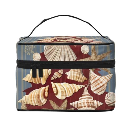 Make-up-Tasche mit gestreiftem Rosen- und Leopardenmuster, für Damen und Herren, Reise-Kosmetiktasche, groß, weit geöffnet, tragbar, Kulturbeutel mit Griff, Schneeflocke, Muschel, Weihnachten von JKSEEPYN