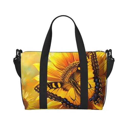 Reisetasche mit violettem Glitzer-Aufdruck für Damen und Herren, Urlaub, Reisegepäck, wasserdichte Tragetasche mit Schultergurt, Sonnenblume Schmetterling Sonne, Einheitsgröße, Reisetasche von JKSEEPYN
