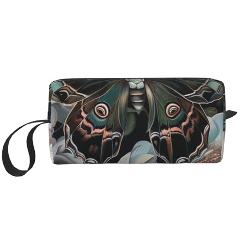 Schöne, weißgoldene Kosmetiktasche mit Blumendruck, Make-up-Tasche für Damen, Reise-Kulturbeutel, Zubehör, Organizer mit Griff, Reißverschluss, Motte, die wie ein Pfau aussieht, Einheitsgröße von JKSEEPYN