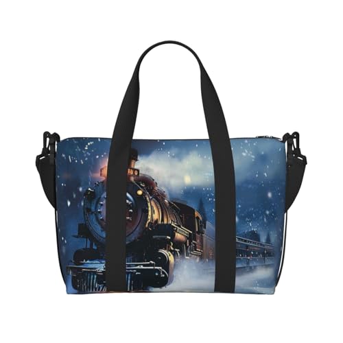 Zusammensetzung in Rot, Gelb, Blau und Schwarz, bedruckte Reisetasche für Männer und Frauen, Urlaub, Reisegepäck, wasserdichte Tragetasche mit Schultergurt, Winter Weihnachten Schnee Nacht Eisenbahn von JKSEEPYN
