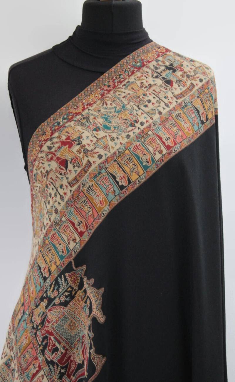 Großer Schwarzer Kashmiri Pashmina Reine Wolle Mughal Darbar Bestickter Schal, Wickeln | 40x80 Zoll von JKSowling