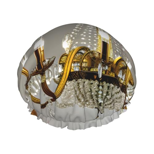 Ball Room Kronleuchter Wiederverwendbare Duschhaube für Frauen, doppelte wasserdichte Schichten Badehut, Haarbehandlung Essentials von JKXUN
