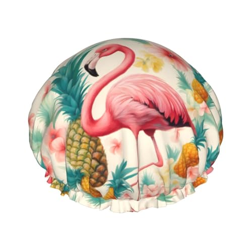Flamingo und Ananas 1 wiederverwendbare Duschhaube für Frauen, doppelte wasserdichte Schichten Badehut, Haarbehandlung Essentials von JKXUN