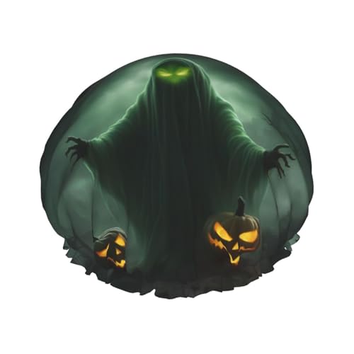 Green Ghost Horror Halloween Kürbis Wiederverwendbare Duschhaube für Frauen, doppelte wasserdichte Schichten Badehut, Haarbehandlung Essentials von JKXUN