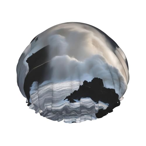Lighthouse In Storm Wiederverwendbare Duschhaube für Frauen, doppelte wasserdichte Schichten Badehut, Haarbehandlung Essentials von JKXUN