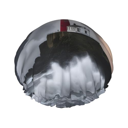 Lighthouse In Storm Wiederverwendbare Duschhaube für Frauen, doppelte wasserdichte Schichten Badehut, Haarbehandlung Essentials von JKXUN