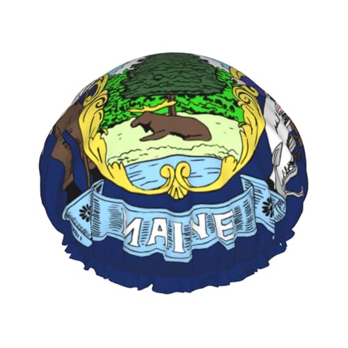 Maine State Flag Wiederverwendbare Duschhaube für Frauen, doppelte wasserdichte Schichten Badehut, Haarbehandlung Essentials von JKXUN