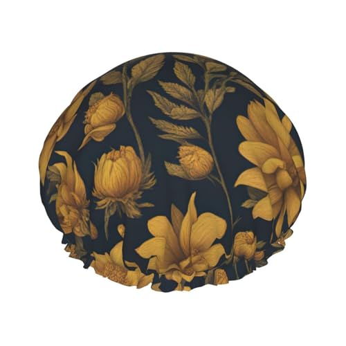 Many Golden Flowers 1 wiederverwendbare Duschhaube für Frauen, doppelte wasserdichte Schichten Badehut, Haarbehandlung Essentials von JKXUN