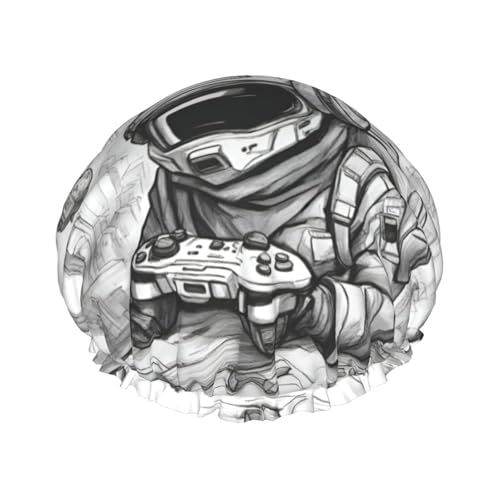 Monochrome Sketch Style Gaming Wiederverwendbare Duschhaube für Frauen, doppelte wasserdichte Schichten Badehut, Haarbehandlung Essentials von JKXUN