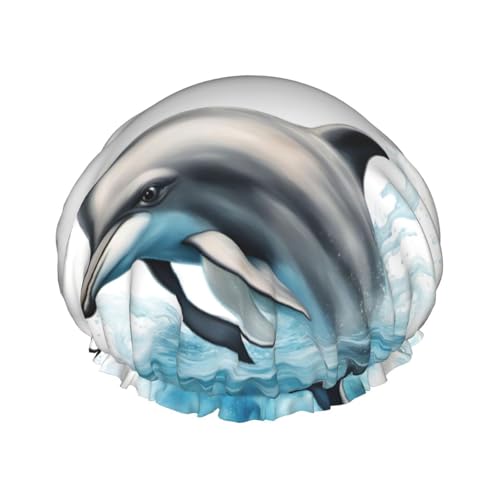 Ocean Delphin Looking at You Wiederverwendbare Duschhaube für Frauen, doppelte wasserdichte Schichten, Badehut, Haarbehandlung Essentials von JKXUN
