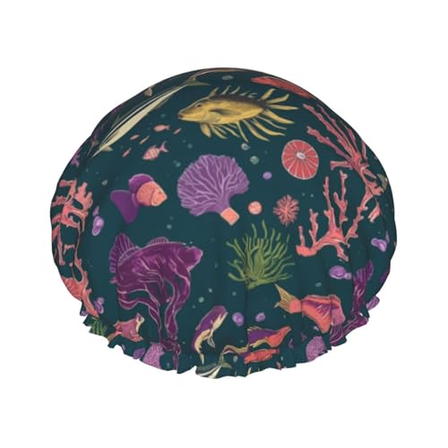Ocean Unterwasserfisch Wiederverwendbare Duschhaube für Frauen, doppelte wasserdichte Schichten Badehut, Haarbehandlung Essentials von JKXUN